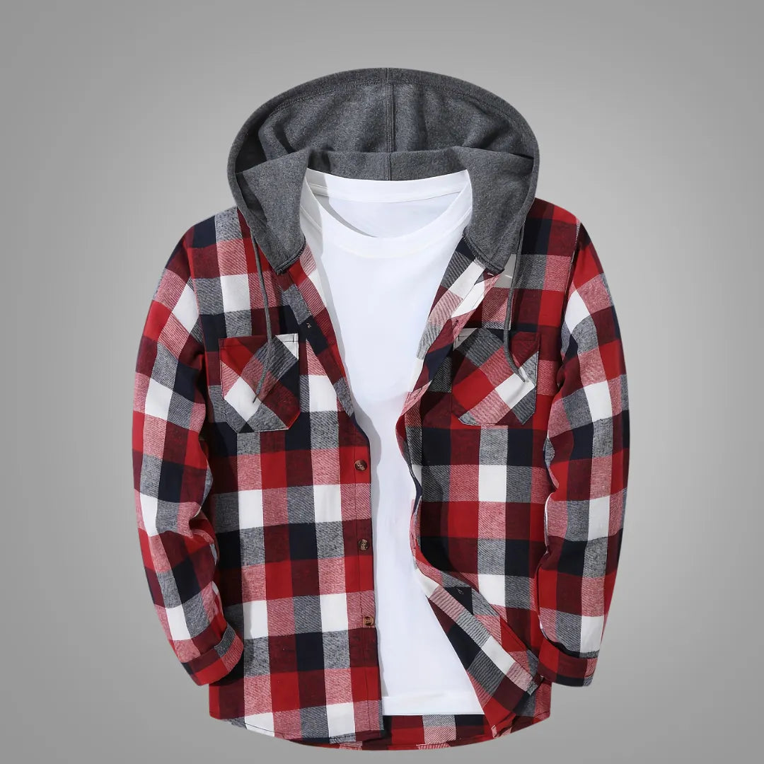 Men’s Sporty Hooded Sweatshirt – Red Plaid Design with Button Front