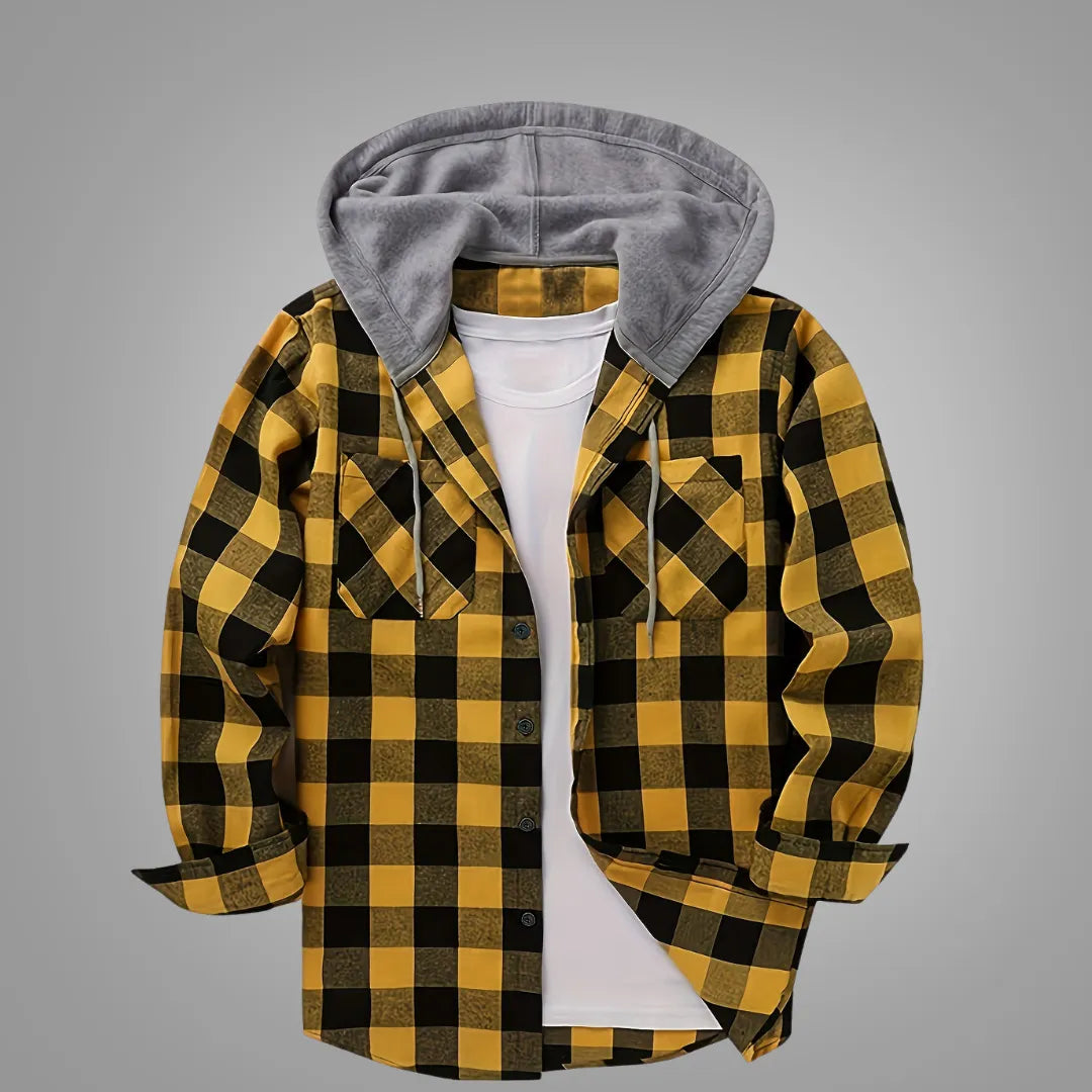 Men’s Sporty Hooded Sweatshirt – Red Plaid Design with Button Front