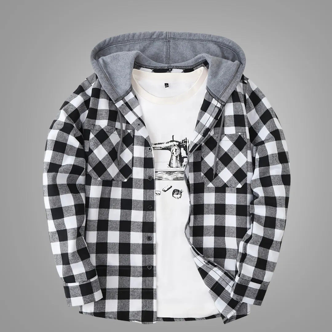 Men’s Sporty Hooded Sweatshirt – Red Plaid Design with Button Front