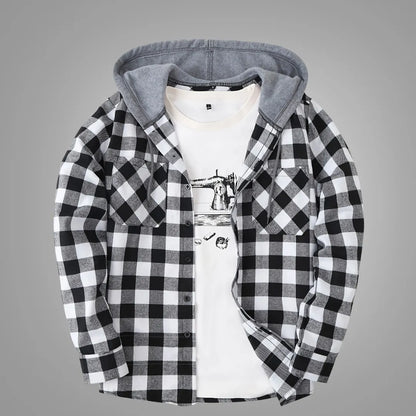 Men’s Sporty Hooded Sweatshirt – Red Plaid Design with Button Front